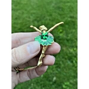 Ballerina Pin Brooch Gold-Tone &‎ Green w/ Rhinestone 2" Vintage